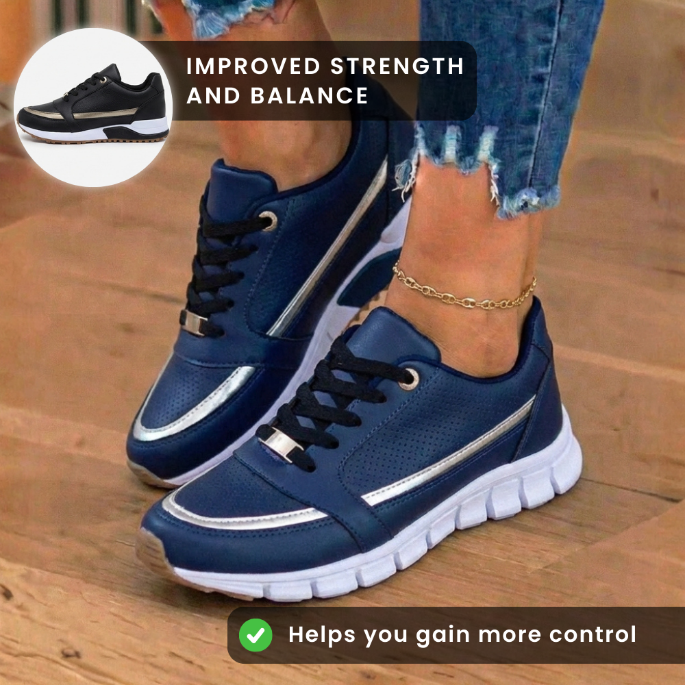 Orthopedic Leather Athletic Sneakers - Metallic Stripe Accent & Perforated Detailing
