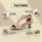 Orthopedic Linen Block Heel Sandals - T-Strap Peep-Toe Desig