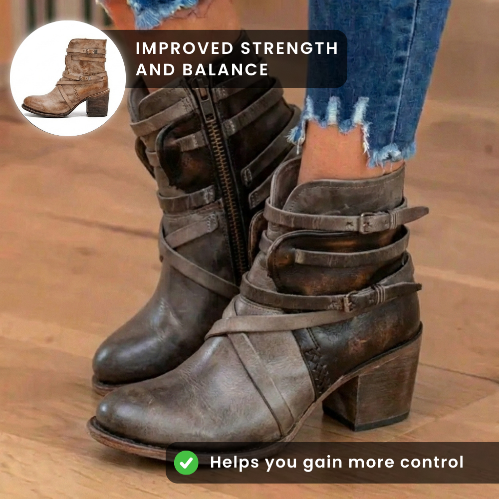 Orthopedic Leather Multi-Strap Ankle Boots - Side Zip Buckle