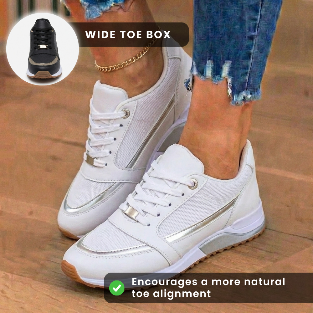 Orthopedic Leather Athletic Sneakers - Metallic Stripe Accent & Perforated Detailing