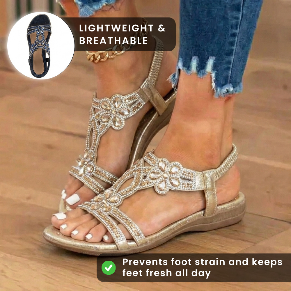 Orthopedic Embellished Wedge Sandals - Rhinestone Floral & Elastic Slingback