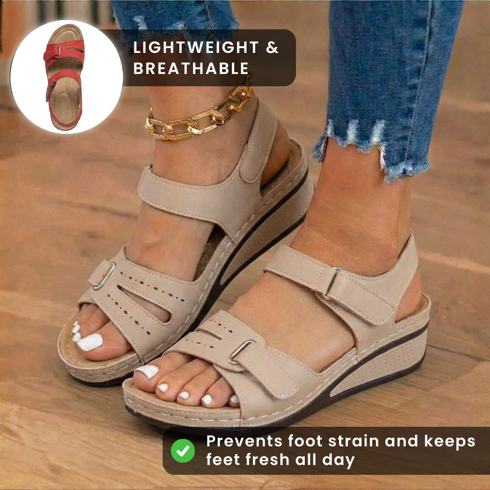 Orthopedic Leather Wedge Sandals - Perforated Detail & Velcro Straps