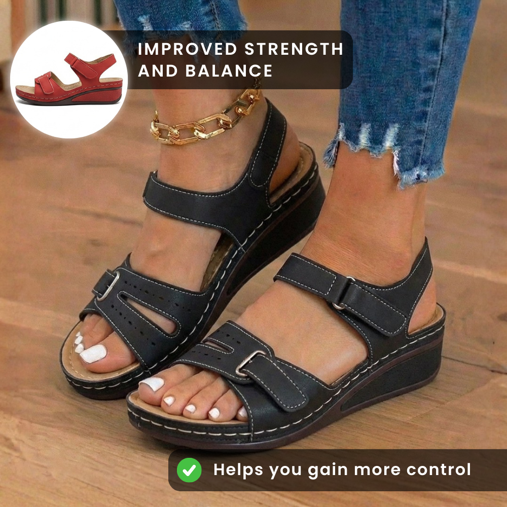 Orthopedic Leather Wedge Sandals - Perforated Detail & Velcro Straps