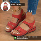 Orthopedic Leather Wedge Sandals - Perforated Detail & Velcro Straps