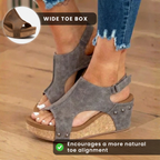Orthopedic Leather Studded Platform Wedges - Cork & Cutout Design