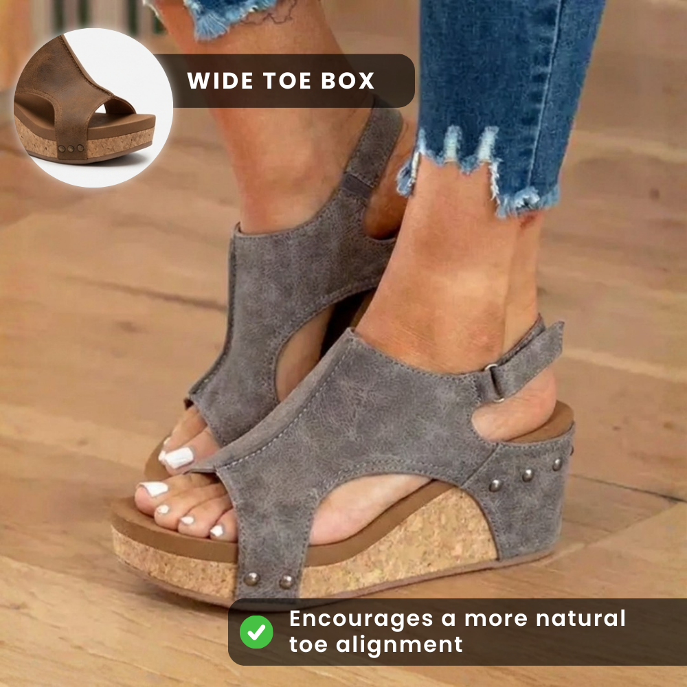 Orthopedic Leather Studded Platform Wedges - Cork & Cutout Design