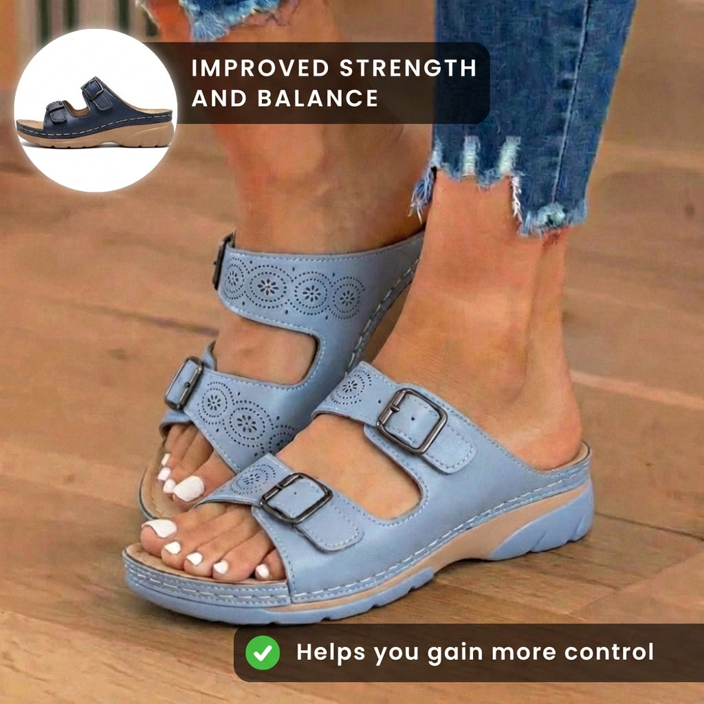 Orthopedic Leather Platform Slide Sandals - Double Buckle Perforated Design