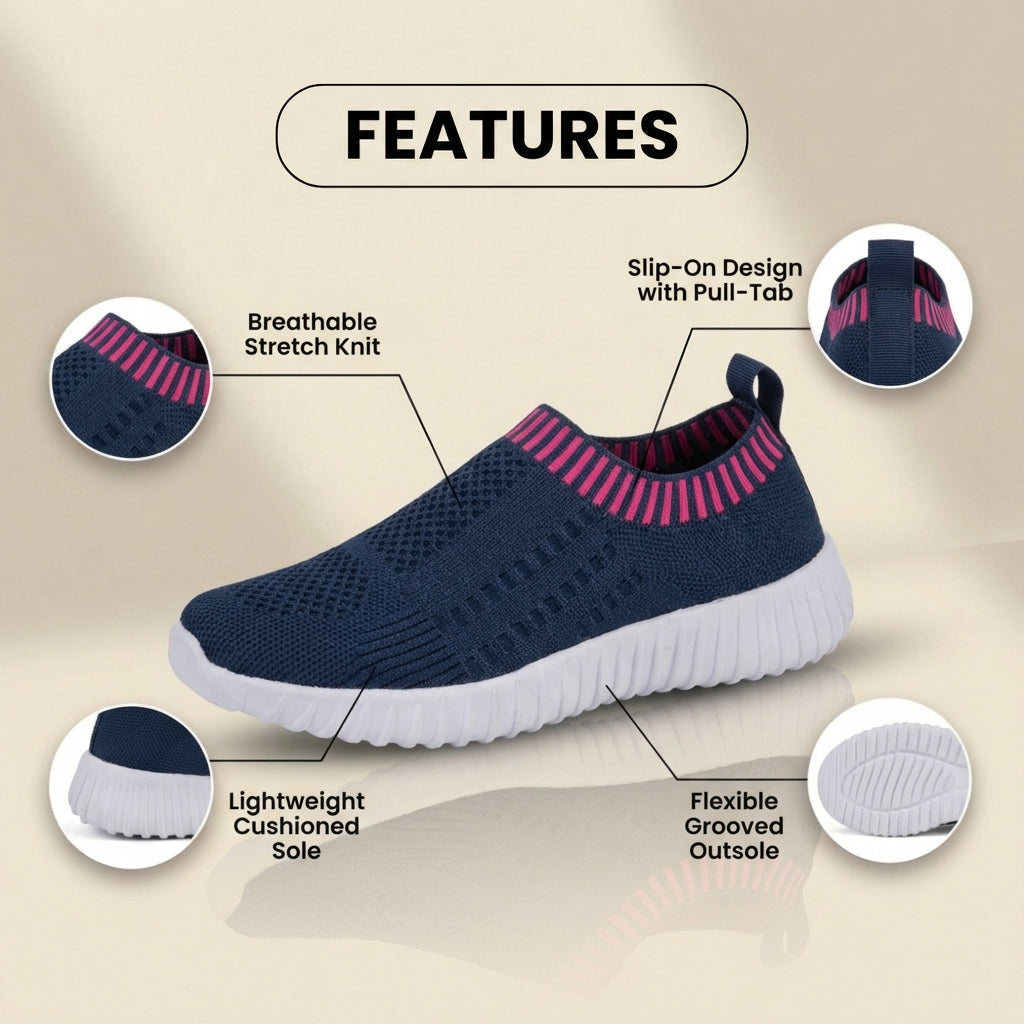 Orthopedic Knit Slip-On Sneakers - Ribbed Collar Design & Breathable Mesh Upper