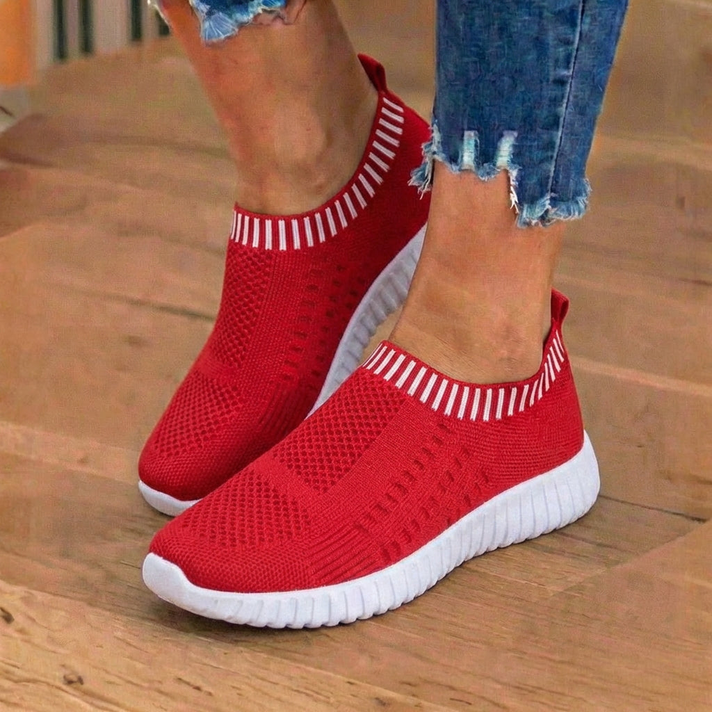 Orthopedic Knit Slip-On Sneakers - Ribbed Collar Design & Breathable Mesh Upper