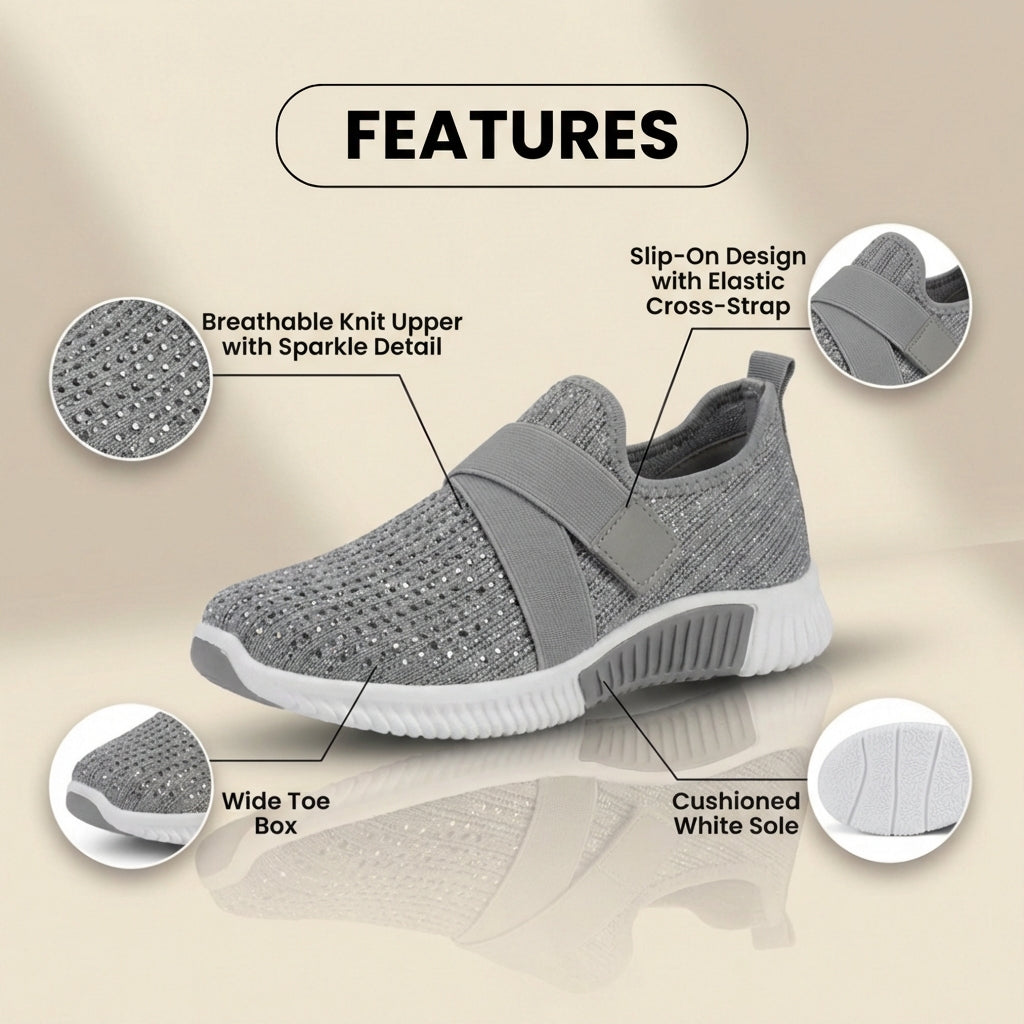 Orthopedic Knit Slip-On Sneakers - Rhinestone Embellished & Adjustable Strap