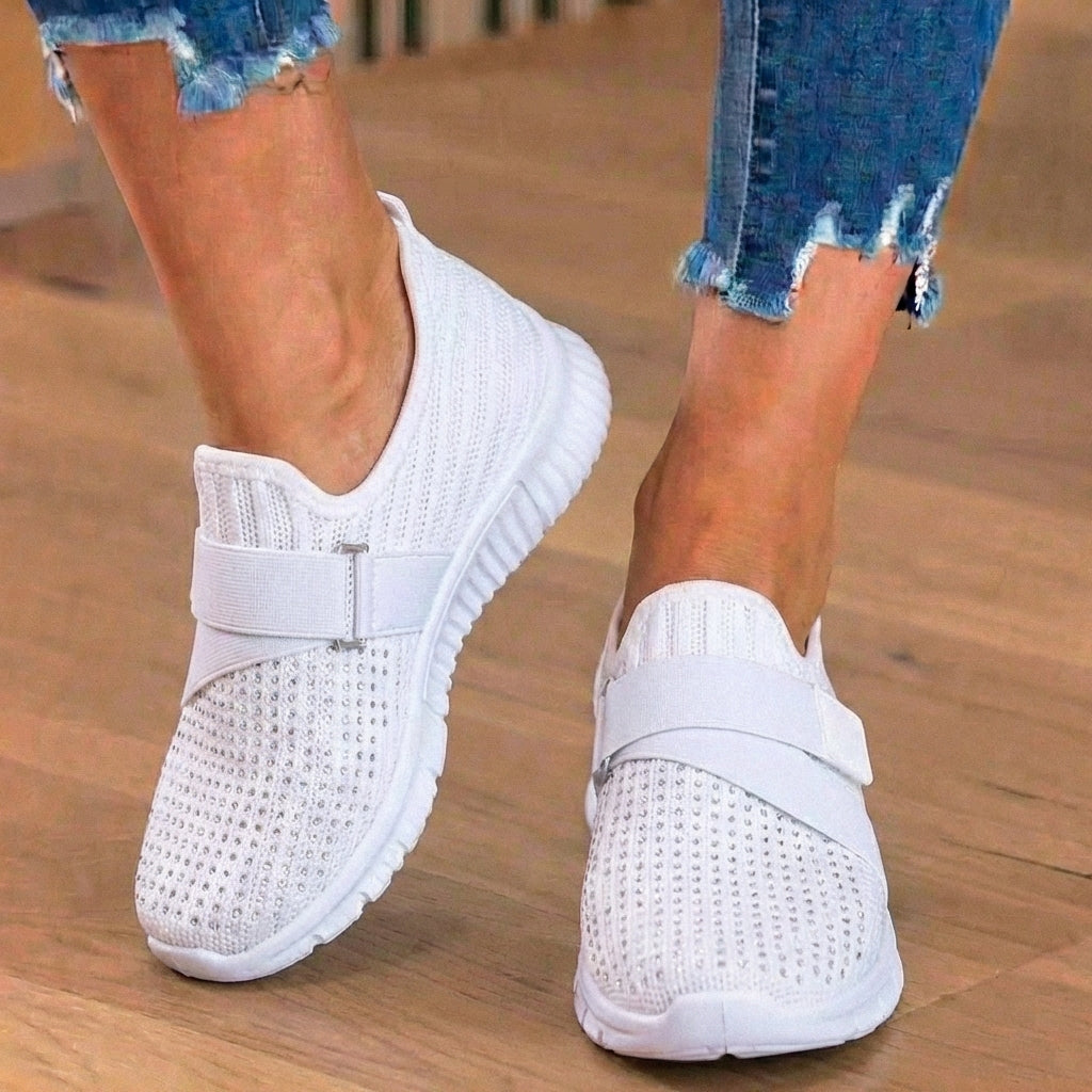 Orthopedic Knit Slip-On Sneakers - Rhinestone Embellished & Adjustable Strap
