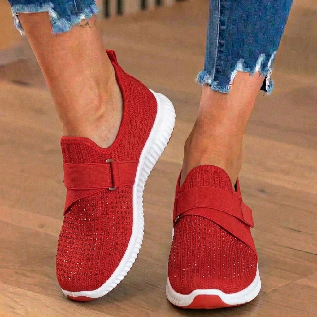 Orthopedic Knit Slip-On Sneakers - Rhinestone Embellished & Adjustable Strap