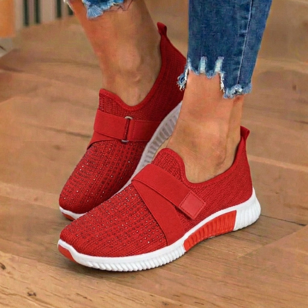 Orthopedic Knit Slip-On Sneakers - Rhinestone Embellished & Adjustable Strap