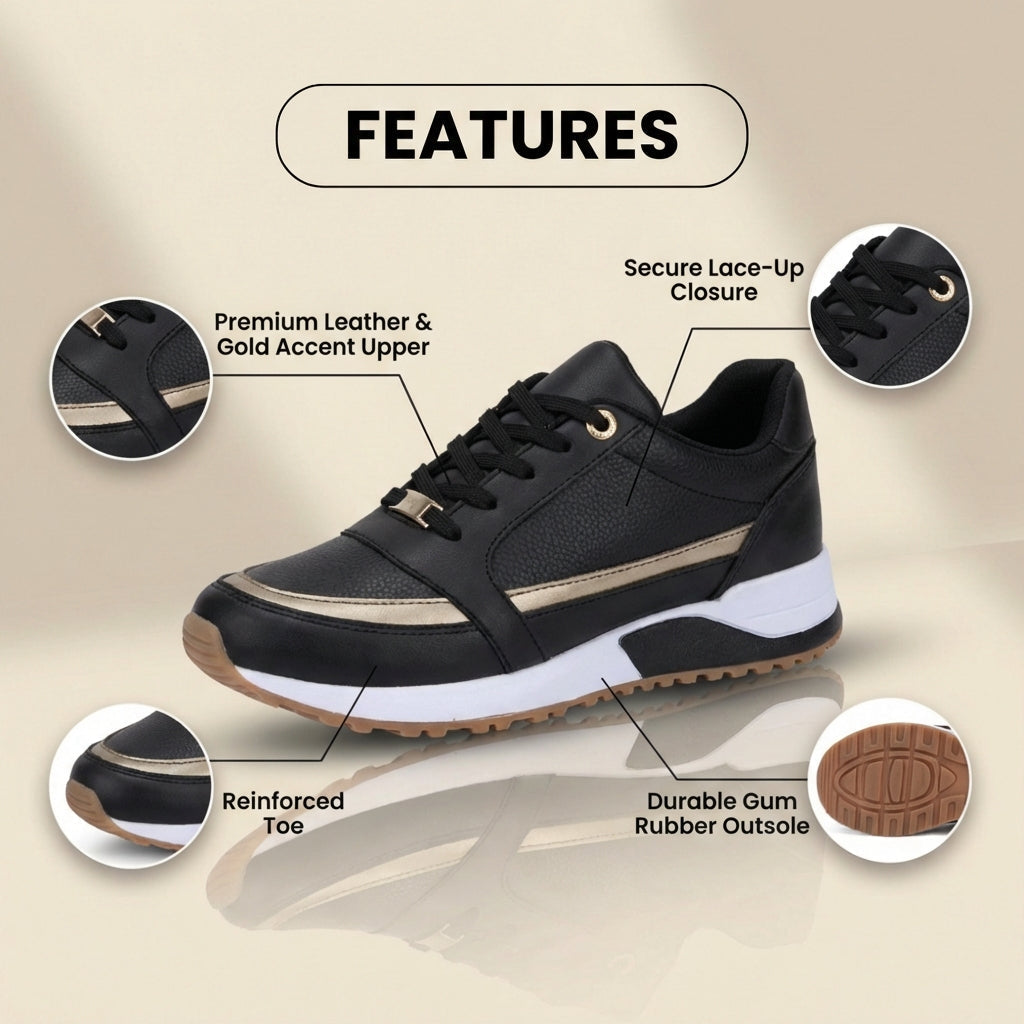 Orthopedic Leather Athletic Sneakers - Metallic Stripe Accent & Perforated Detailing