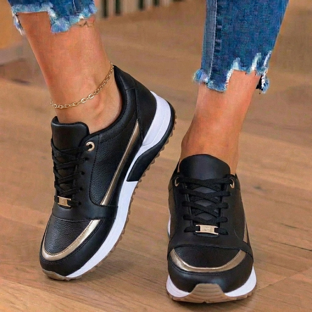 Orthopedic Leather Athletic Sneakers - Metallic Stripe Accent & Perforated Detailing
