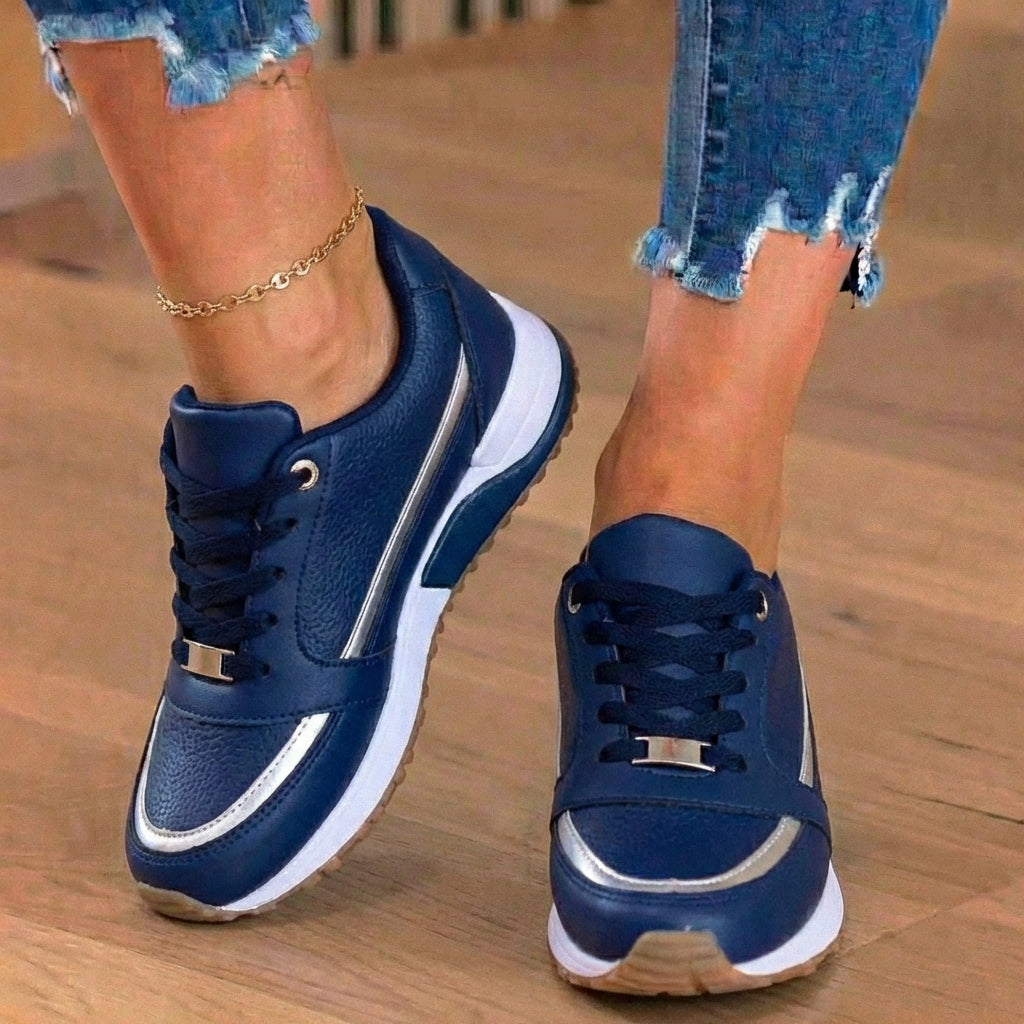 Orthopedic Leather Athletic Sneakers - Metallic Stripe Accent & Perforated Detailing