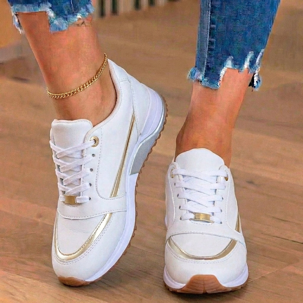 Orthopedic Leather Athletic Sneakers - Metallic Stripe Accent & Perforated Detailing