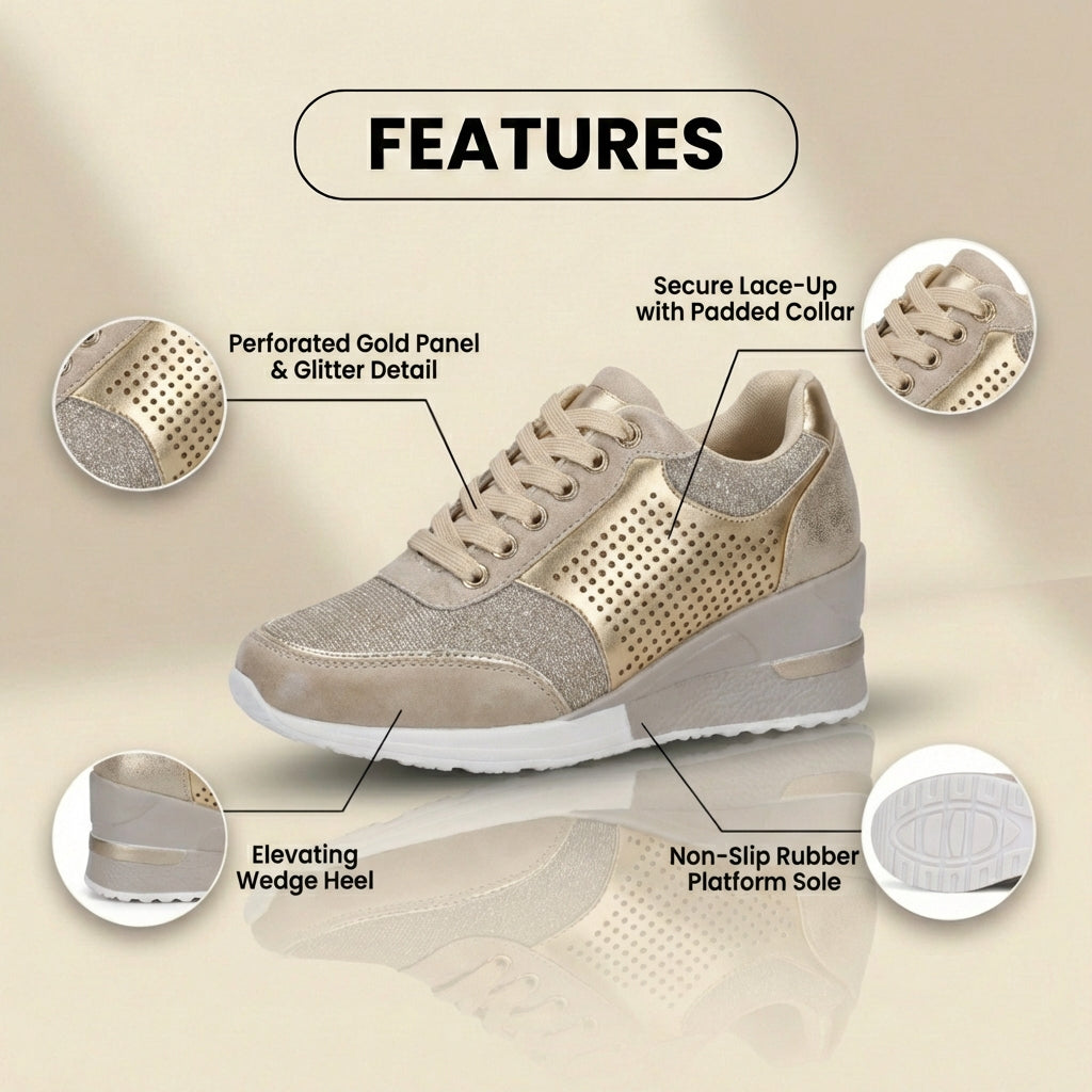 Orthopedic Leather Wedge Sneakers - Glitter Embellished & Perforated Panels