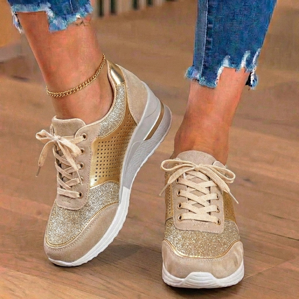 Orthopedic Leather Wedge Sneakers - Glitter Embellished & Perforated Panels