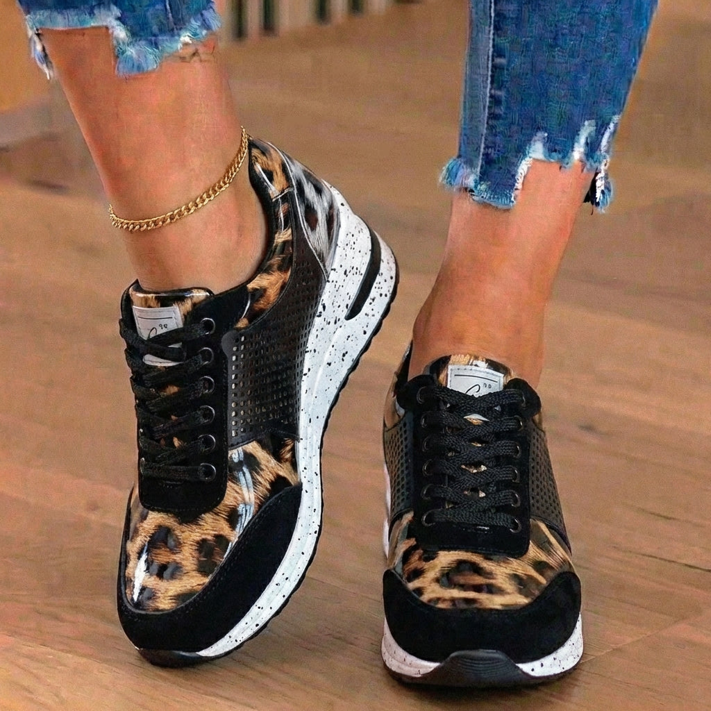 Orthopedic Leather Wedge Sneakers - Glitter Embellished & Perforated Panels