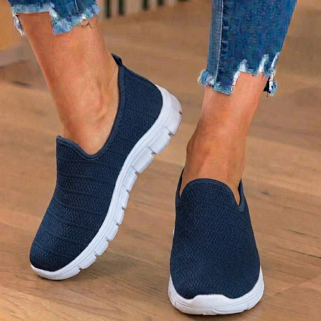 Orthopedic Knit Slip-On Sneakers - Striped Textured Design & Laceless Convenience