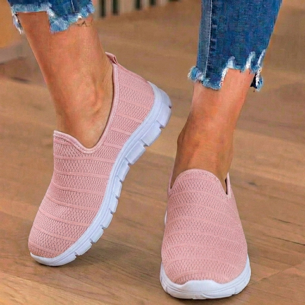 Orthopedic Knit Slip-On Sneakers - Striped Textured Design & Laceless Convenience
