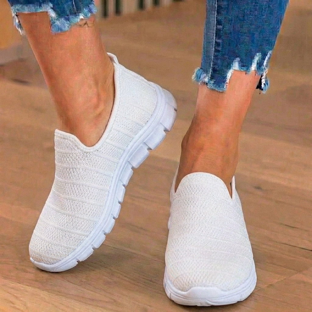 Orthopedic Knit Slip-On Sneakers - Striped Textured Design & Laceless Convenience