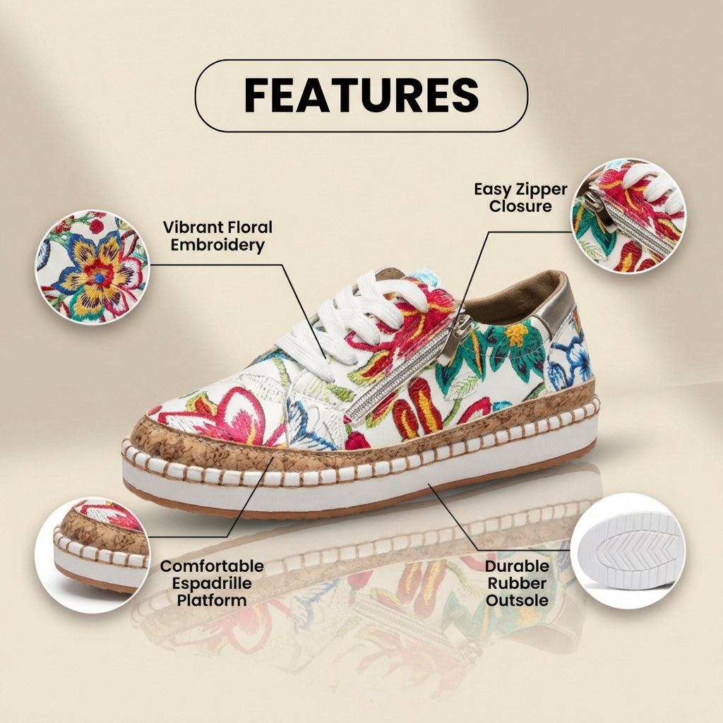 Orthopedic Canvas Espadrille Sneakers - Embroidered Floral Pattern & Cork Trim Detail