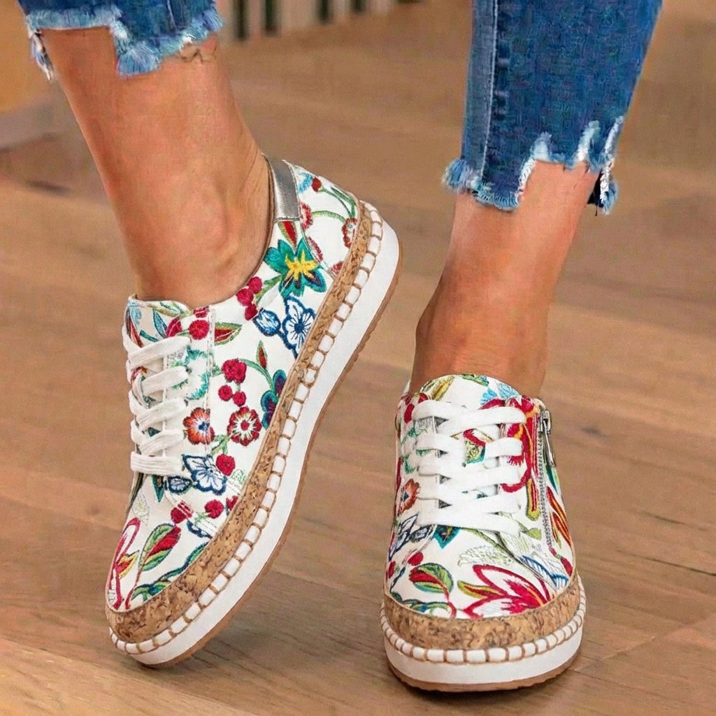 Orthopedic Canvas Espadrille Sneakers - Embroidered Floral Pattern & Cork Trim Detail