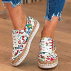 Orthopedic Canvas Espadrille Sneakers - Embroidered Floral Pattern & Cork Trim Detail