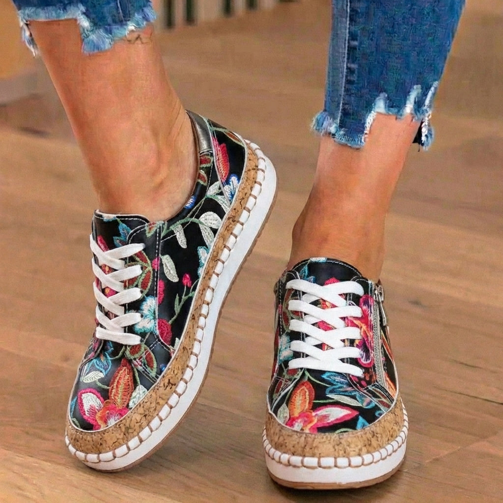 Orthopedic Canvas Espadrille Sneakers - Embroidered Floral Pattern & Cork Trim Detail