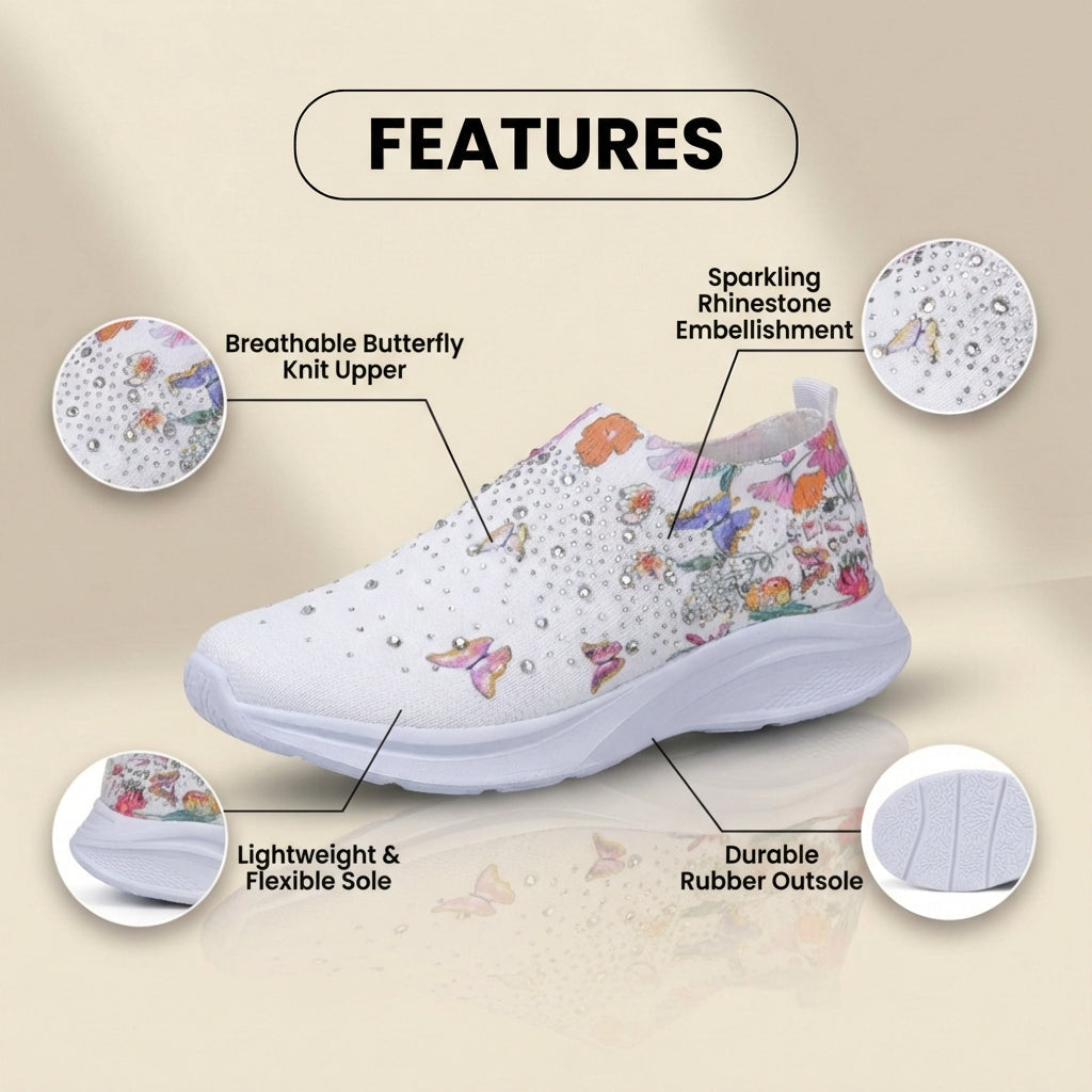 Orthopedic Knit Slip-On Sneakers - Butterfly & Floral Print & Crystal Embellishments