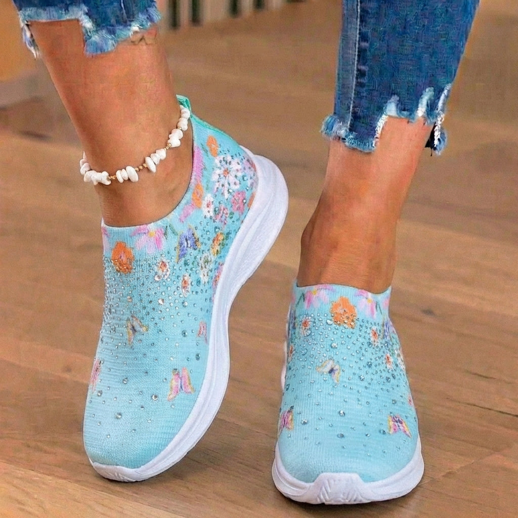 Orthopedic Knit Slip-On Sneakers - Butterfly & Floral Print & Crystal Embellishments