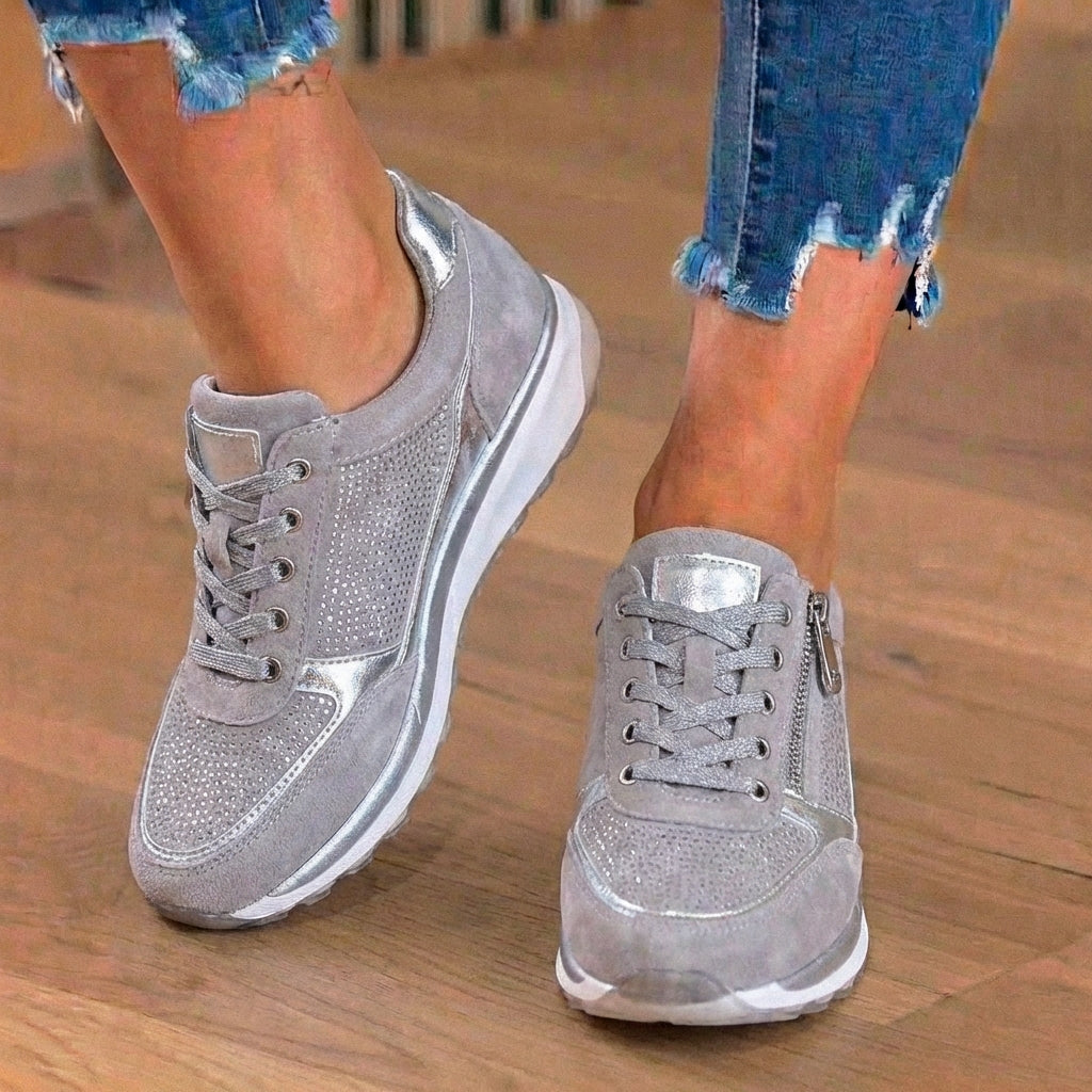 Orthopedic Suede Wedge Sneakers - Rhinestone Embellished Design & Hidden Height Boost