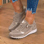 Orthopedic Suede Wedge Sneakers - Rhinestone Embellished Design & Hidden Height Boost
