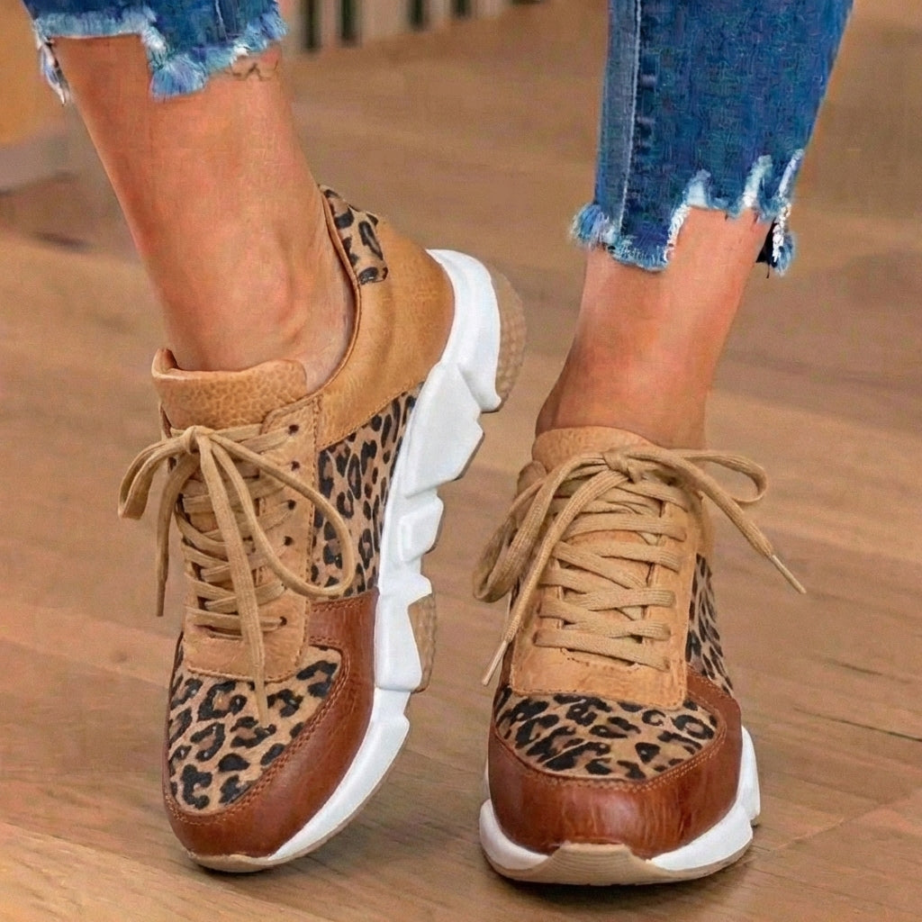 Orthopedic Leather Platform Sneakers - Leopard Print Panels & Lace-Up Closure