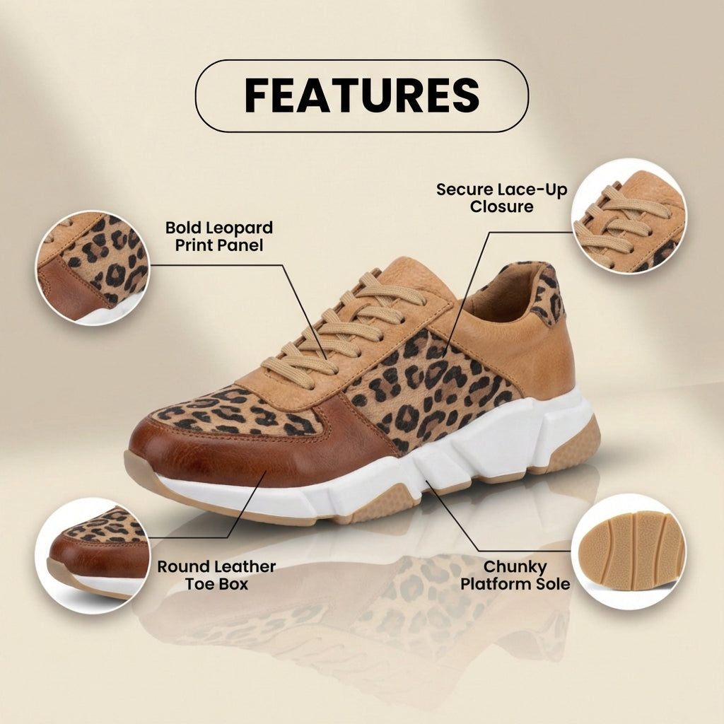 Orthopedic Leather Platform Sneakers - Leopard Print Panels & Lace-Up Closure