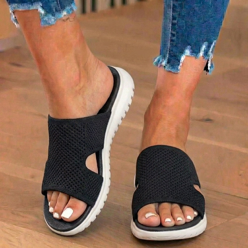 Orthopedic Knit Slide Sandals - Wide Cutout Band Design & Breathable Mesh Construction