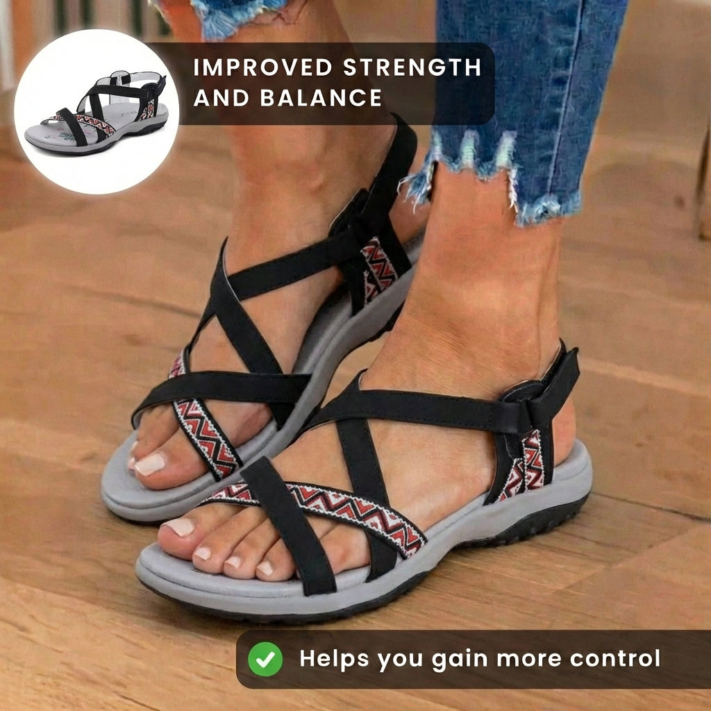 Orthopedic Textile Sandals - Bohemian Strappy Design & Geometric Trim Detail
