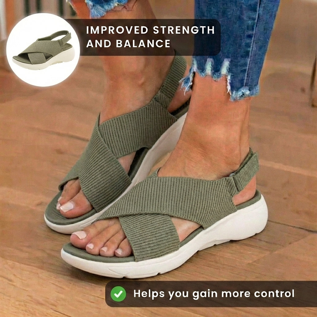 Orthopedic Knit Fabric Sandals - Crossover Strap Design & Platform Cushioned Sole