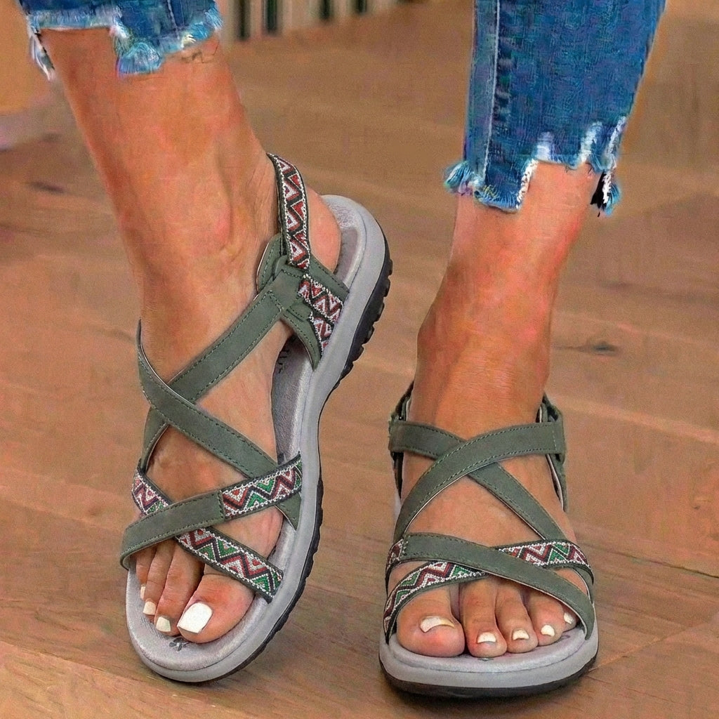 Orthopedic Textile Sandals - Bohemian Strappy Design & Geometric Trim Detail
