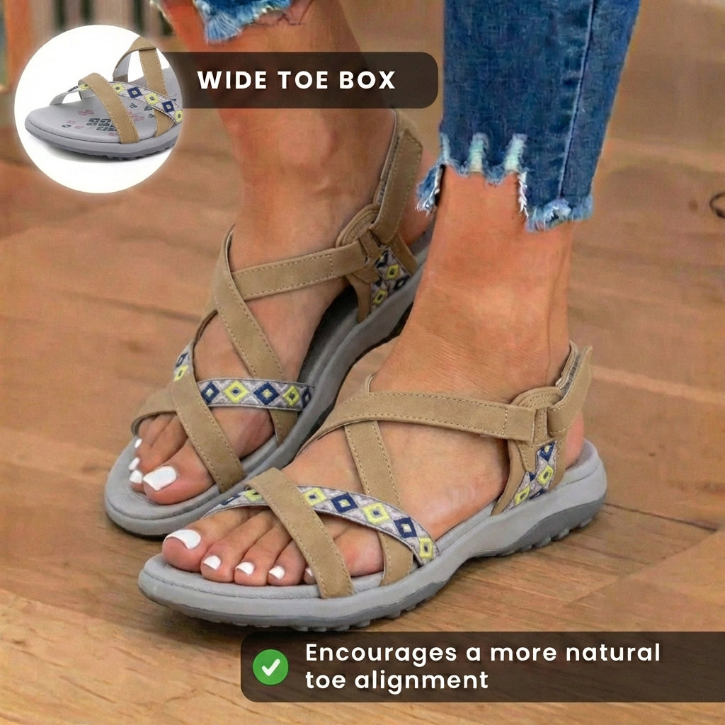 Orthopedic Textile Sandals - Bohemian Strappy Design & Geometric Trim Detail