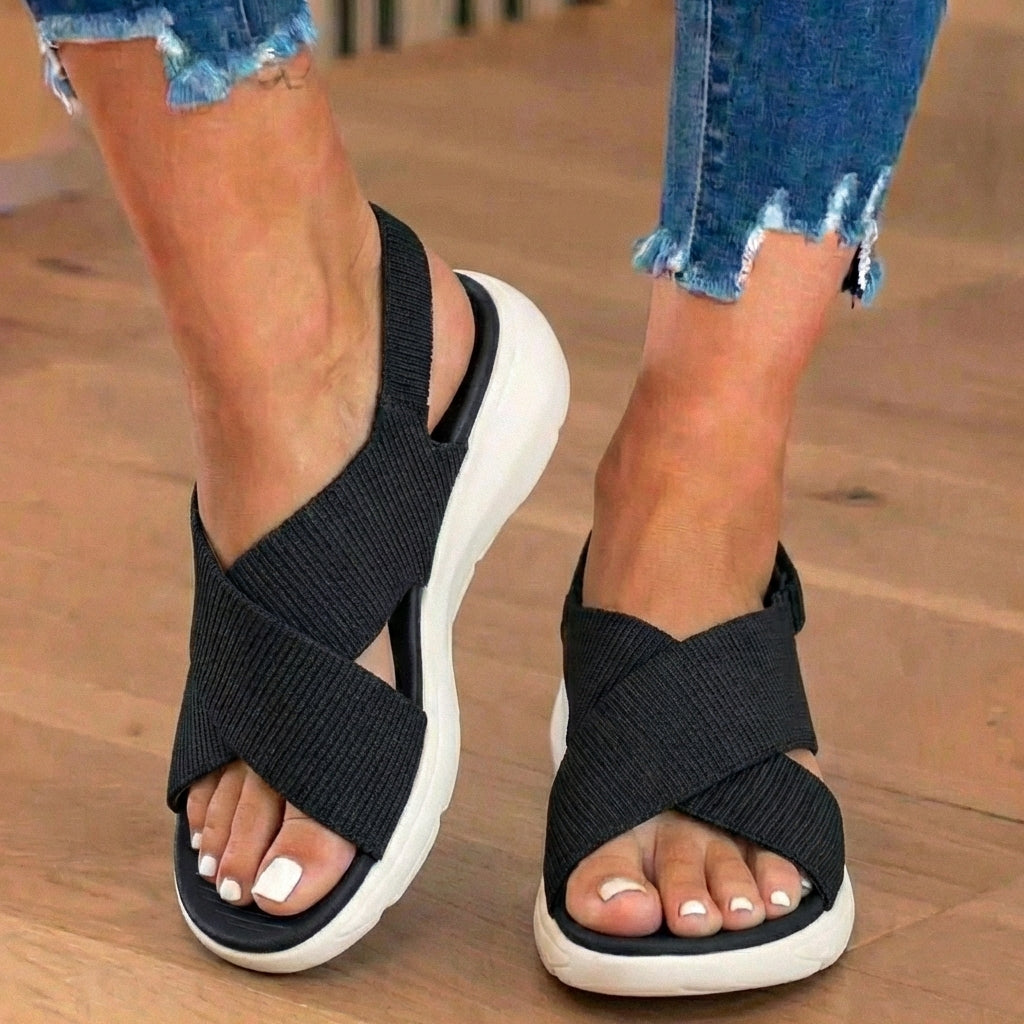 Orthopedic Knit Fabric Sandals - Crossover Strap Design & Platform Cushioned Sole