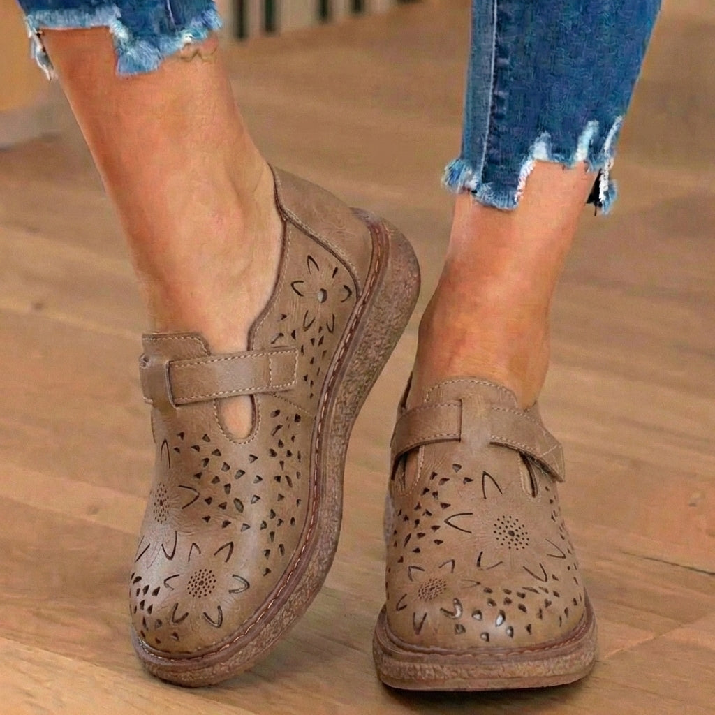 Orthopedic Leather Perforated Mary Janes - Floral Cutout T-Strap