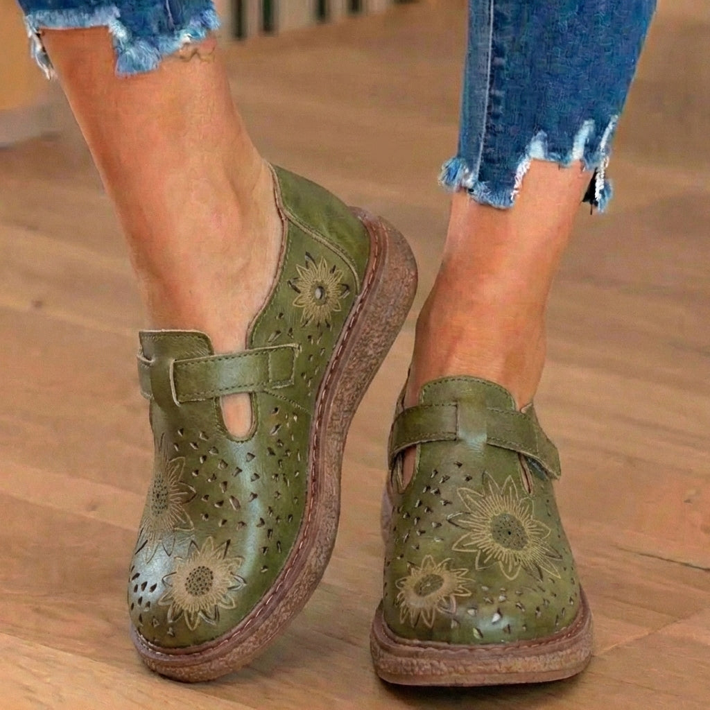 Orthopedic Leather Perforated Mary Janes - Floral Cutout T-Strap