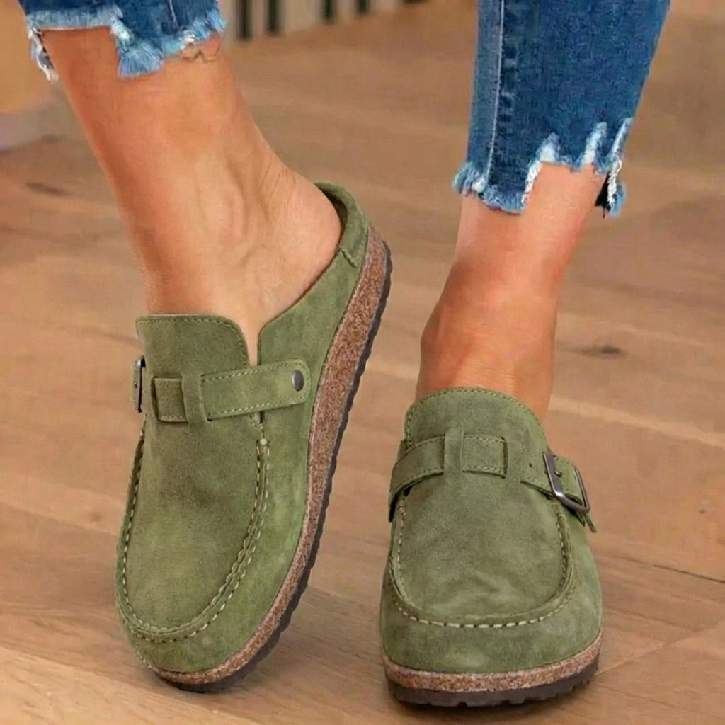 Orthopedic Suede Buckle Mules - Contrast Stitch Detail