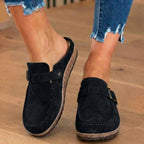 Orthopedic Suede Buckle Mules - Contrast Stitch Detail