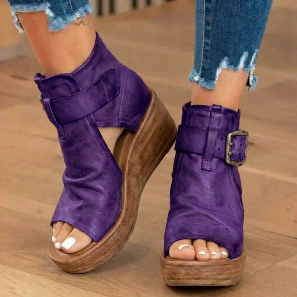 Orthopedic Leather Platform Sandals - Double Buckle Ankle Strap