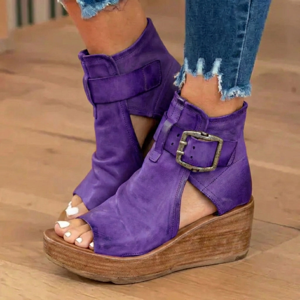 Orthopedic Leather Platform Sandals - Double Buckle Ankle Strap