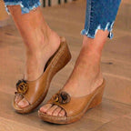 Orthopedic Leather Wedge Sandals - Dual Rosette Floral Detail
